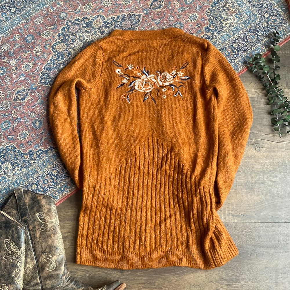 Mudd Beautiful Knitted Long Cardigan with Floral Embroidery – Orange, XS